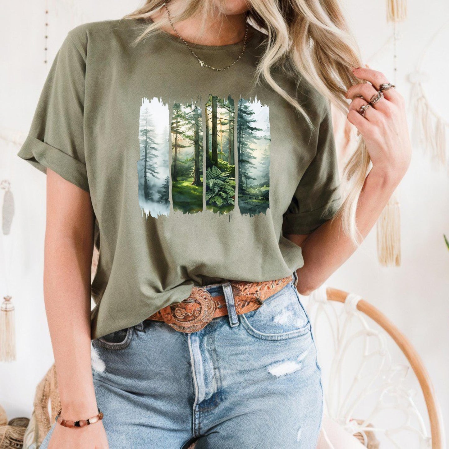 Enchanted Misty Forest Tee, Organic Woodland Landscape T-Shirt, Unisex Nature Graphic Shirt, Outdoors Lover Gift, Hiking Apparel