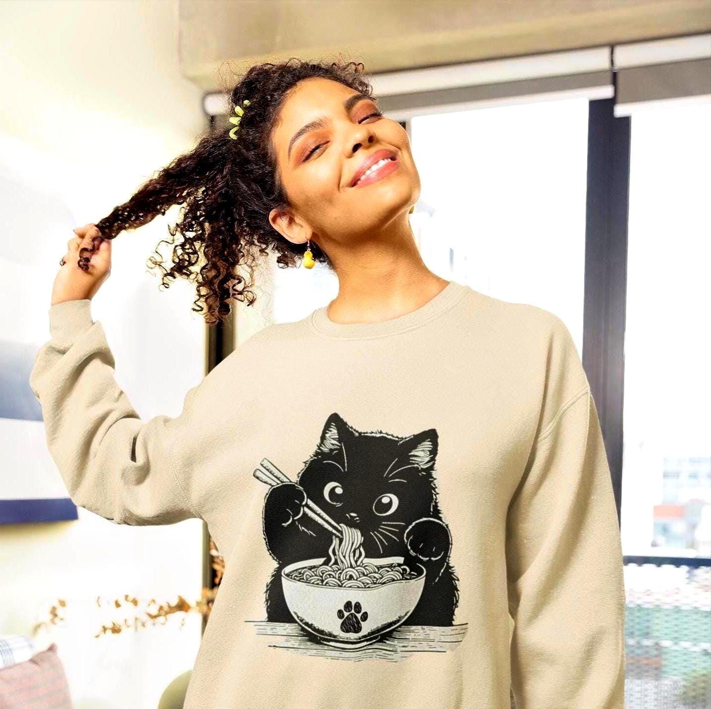 Noodle Cat Shirt Ramen Cat Sweatshirt Funny Cat Lover Tee Cat Mom Shirt Animal Lover Graphic Top Cute Cat Lovers Gift For Women Mom