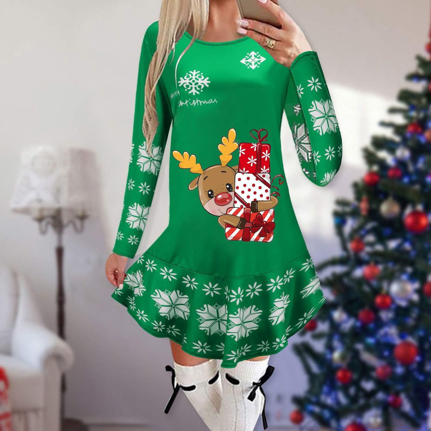 Christmas Snowflake Elk Printing Slimming Dress