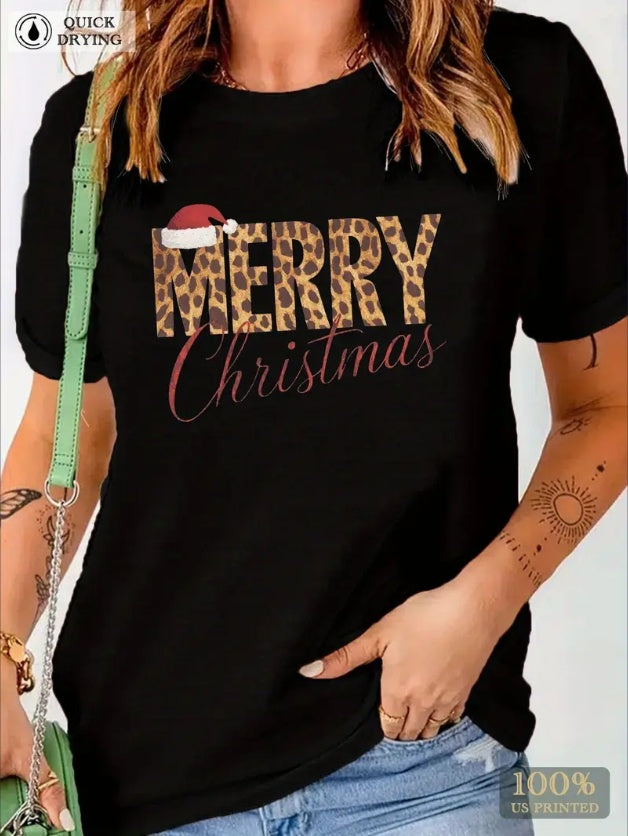 Women'S Plus Size Merry Christmas T-Shirt - Casual Crew Neck Tee With Santa Hat Print, Short Sleeve All-Season Comfort Fit