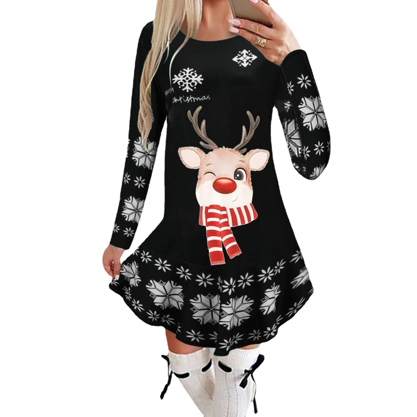 Christmas Snowflake Elk Printing Slimming Dress