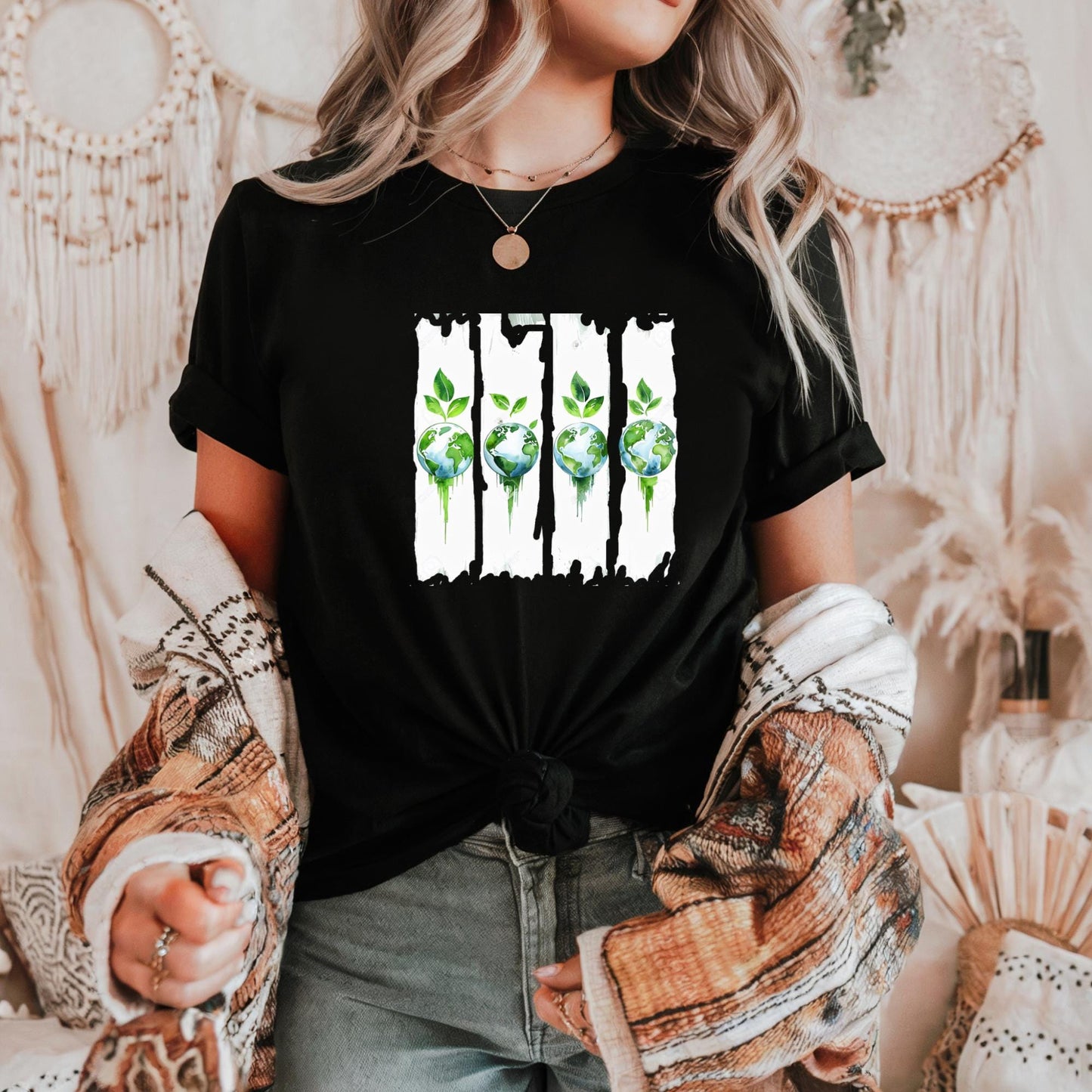 Eco-Friendly Earth & Green Leaves Graphic Tee: Sustainable Planet T-Shirt for Nature Lovers, Earth Day Gift, Eco-Conscious Apparel