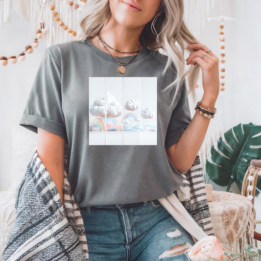 Whimsical Cotton Tee with Clouds and Rainbow Design, Unisex Apparel, Cute Gift for Kids and Teens, Summer T-Shirt, Fun Graphic Tee
