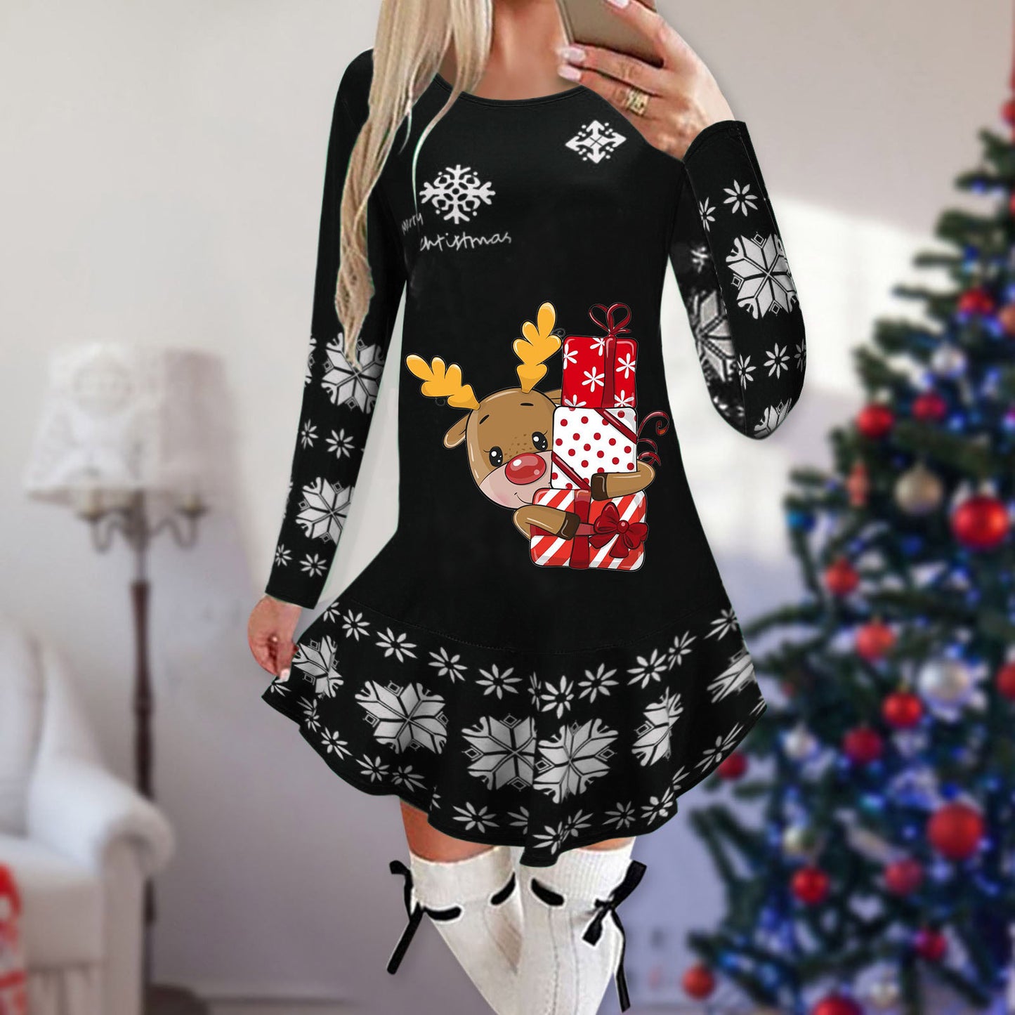 Christmas Snowflake Elk Printing Slimming Dress