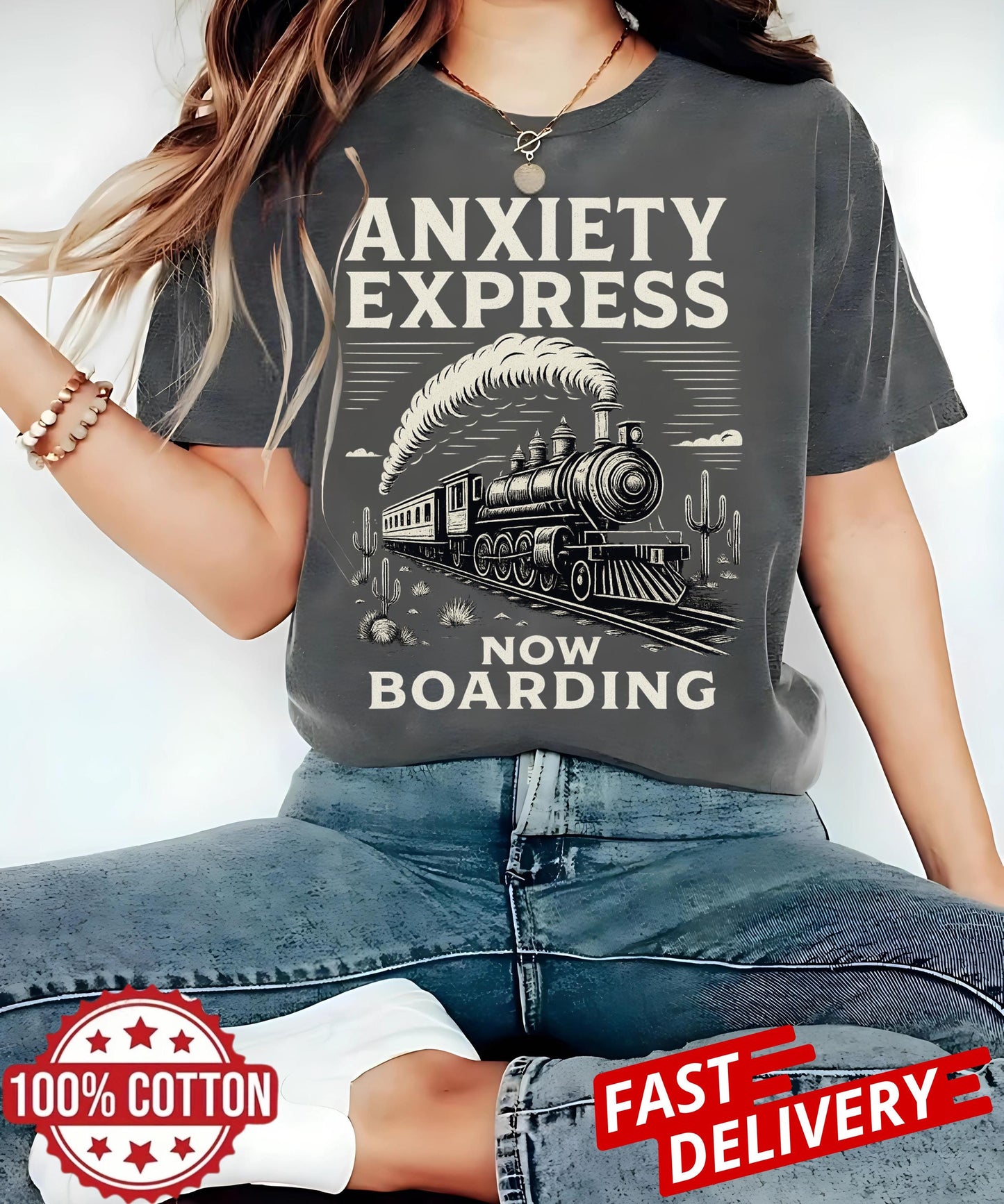 Anxiety Express retro humor t-shirt, sarcastic train graphic tee, oversized mental health gift shirt for unisex adults
