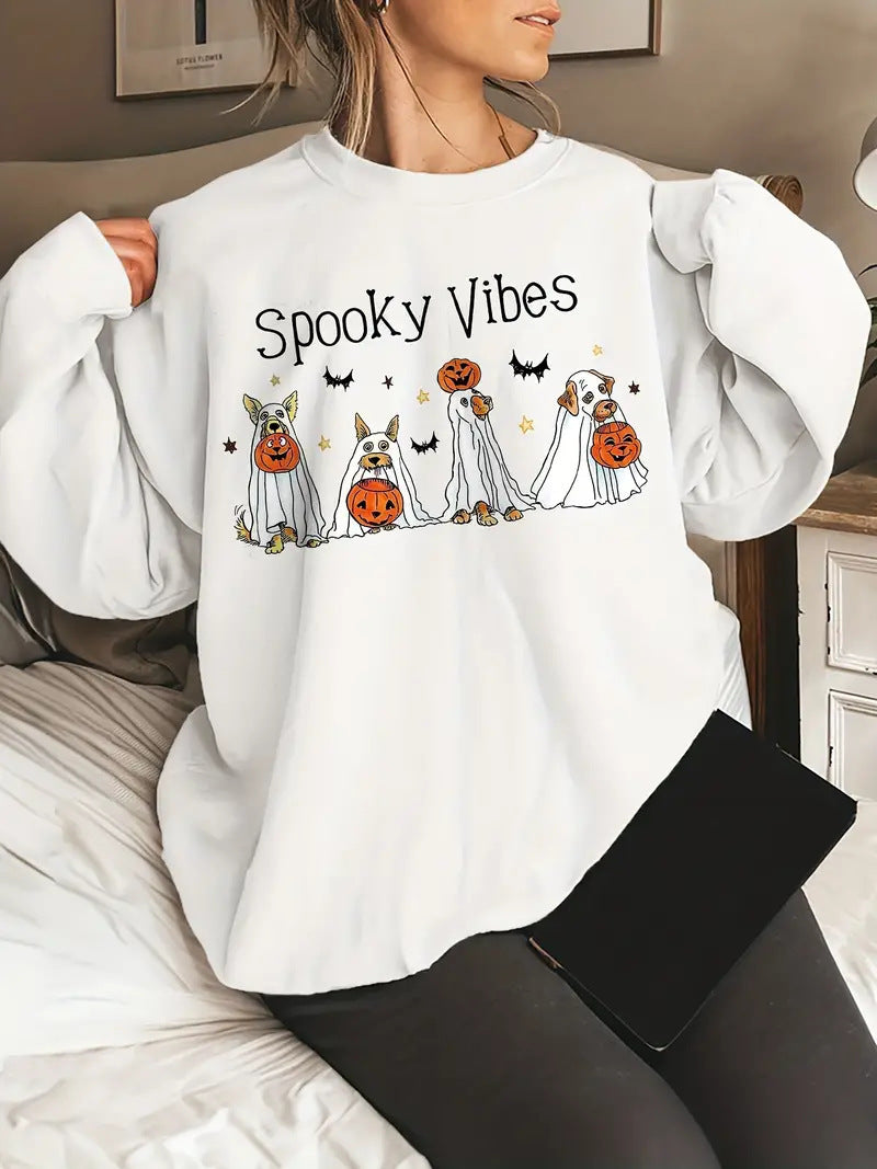 Halloween Dog Print Sweatshirt Casual Long Sleeve