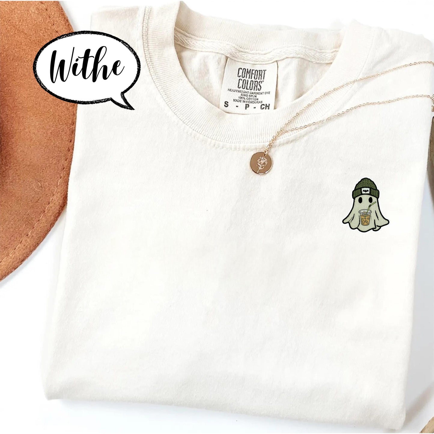 Comfort Colors® Embroidered Ghost Shirt, Minimal Halloween T Shirt, Cute Coffee Ghost Pocket Top, Spooky Season Tee, Fall Graphic Shirt