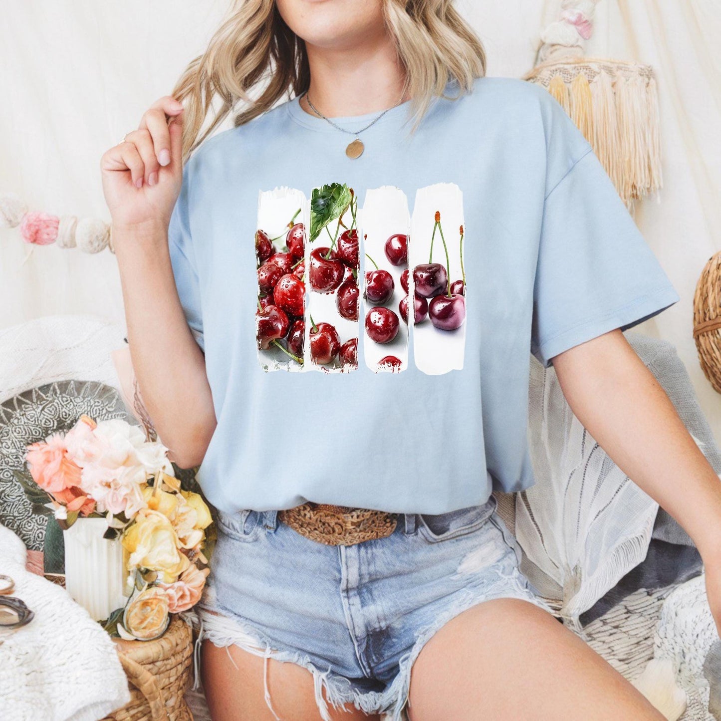 Luscious Cherry Delights Tee, Cherry Print Unisex Heavy Cotton Tee, Eco-Friendly Gift, Fruit Lover's Gardening Apparel, Vintage Style Shirt