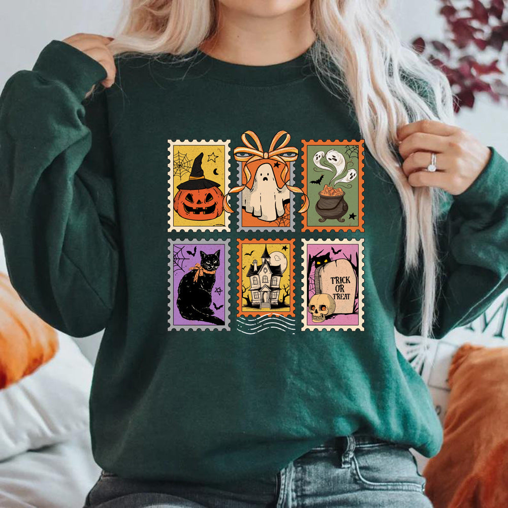 Retro Halloween Cat Ghost Sweatshirt Spooky Season Hoodie