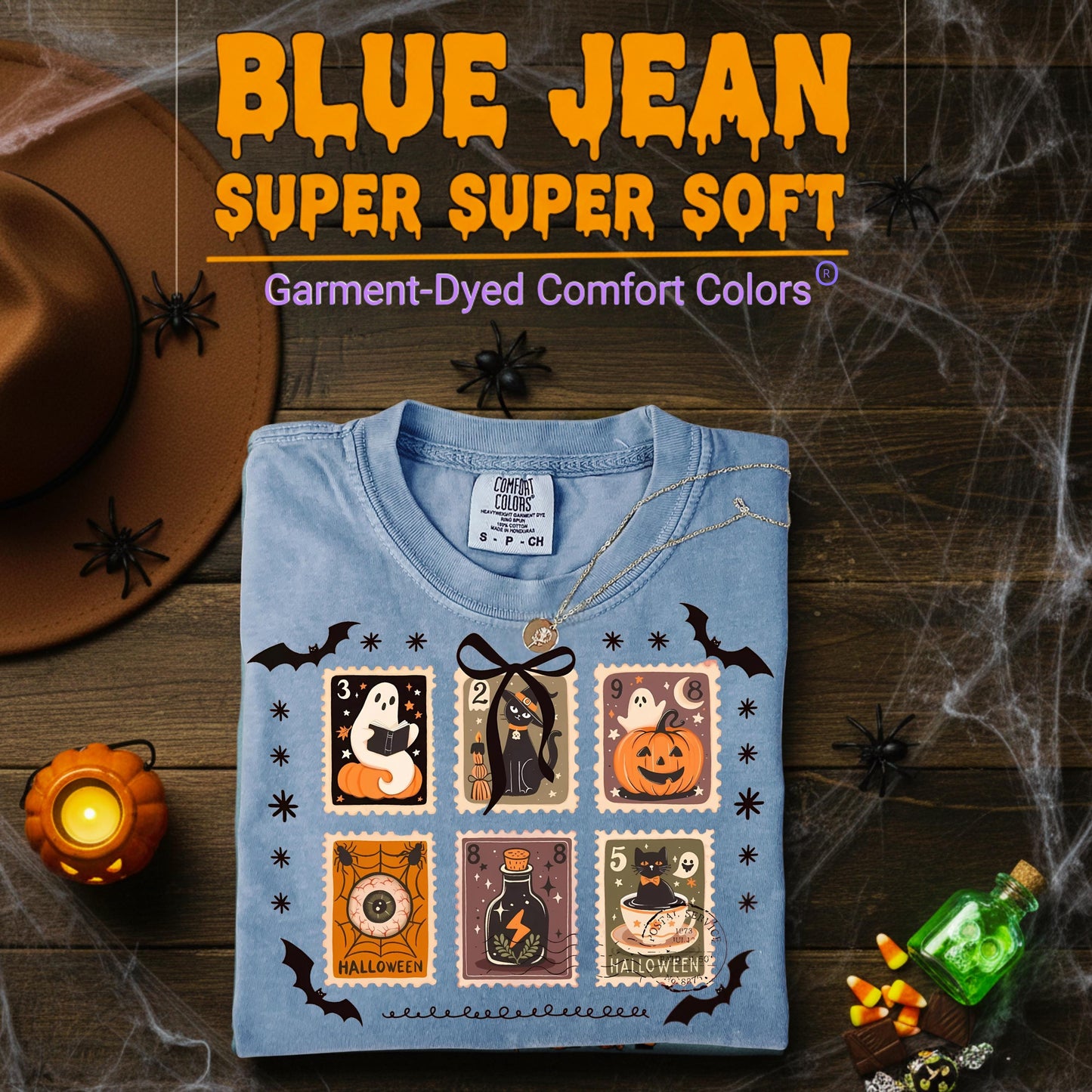 Comfort Colors Halloween T Shirt Espresso Brown Garment Dyed Graphic Tee Ghost Pumpkin Witch Cat Stamps Skeleton Haunted House Unisex Gift