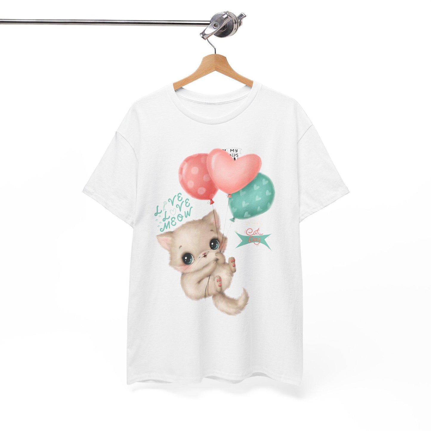 Adorable Cat Lover Tee Cute Kitten with Balloons Design T-shirt, Perfect for Cat Enthusiasts, Birthday, Gifts, Animal Lovers, Everyday Wear