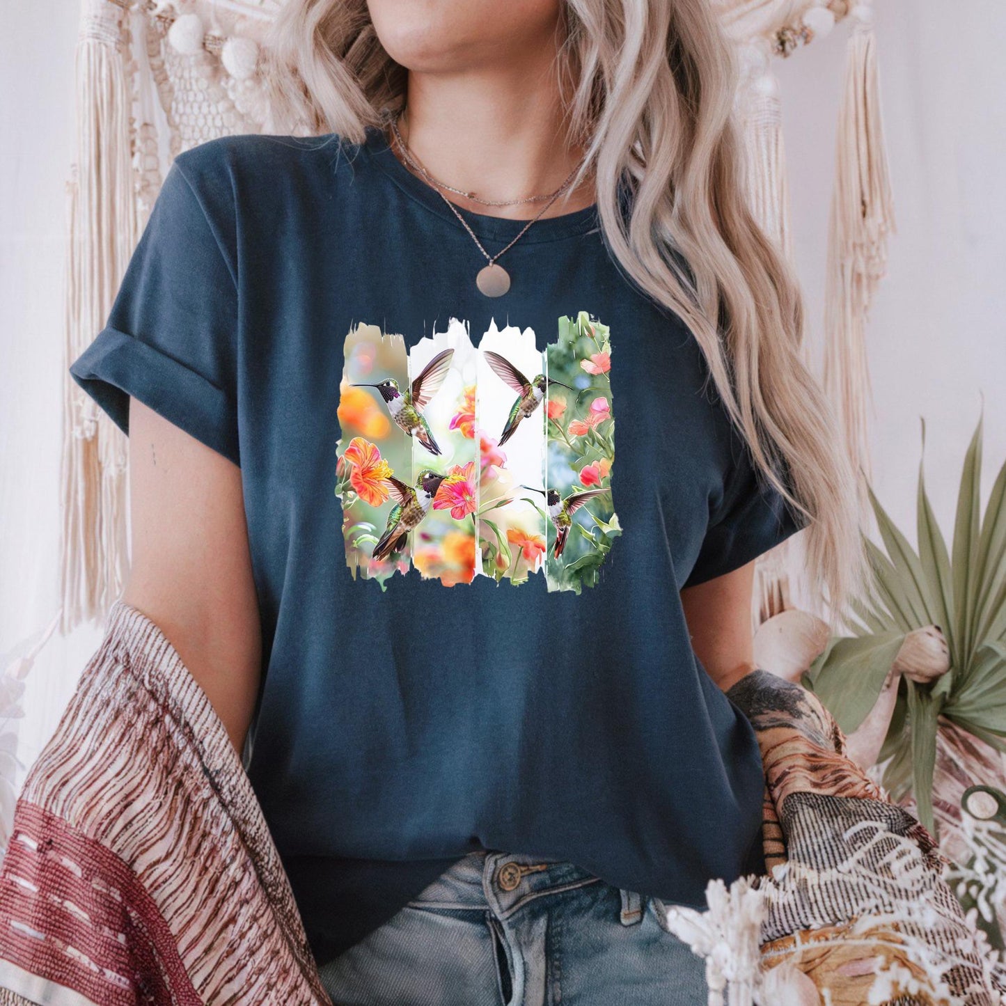 Floral Hummingbird T-Shirt, Nature Lover Tee, Gift for Gardeners, Spring Apparel, Eco-Friendly Style, Vibrant Bird Art T-Shirt