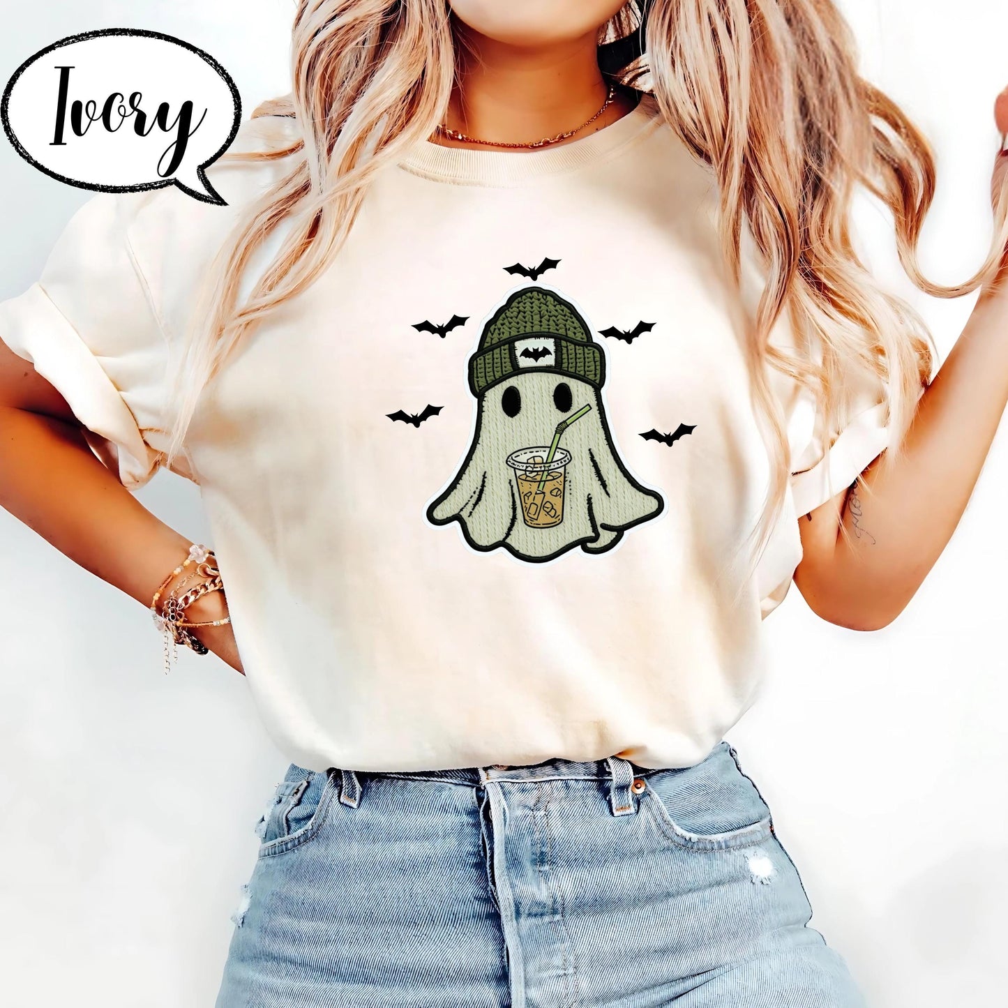 Comfort Colors® Ghost Shirt, Cute Halloween T Shirt, Spooky Season Tee, Iced Coffee Ghost Top, Fall Aesthetic Graphic Shirt Unisex