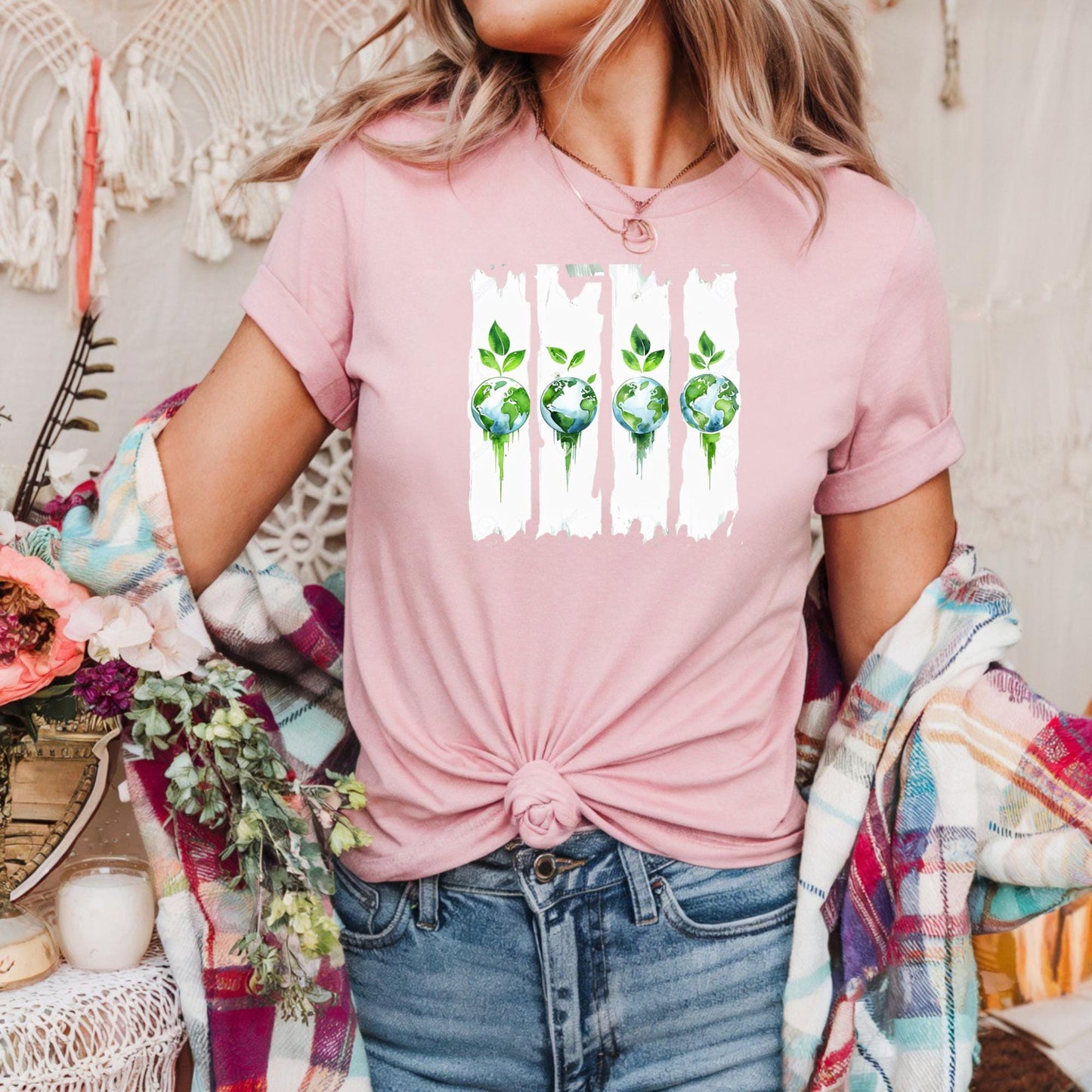 Eco-Friendly Earth & Green Leaves Graphic Tee: Sustainable Planet T-Shirt for Nature Lovers, Earth Day Gift, Eco-Conscious Apparel