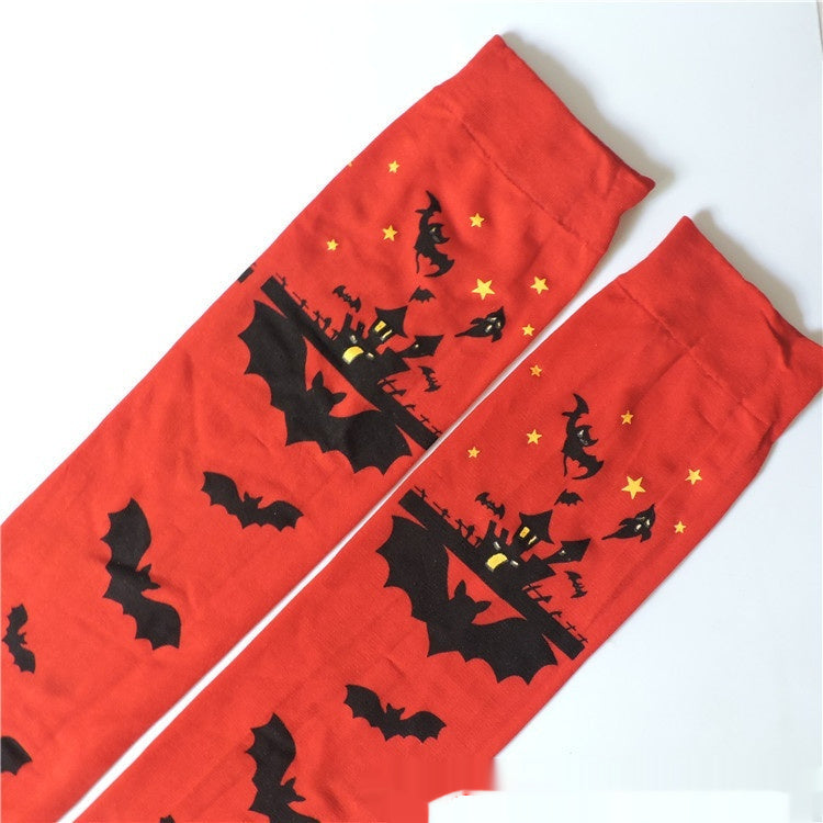 Halloween Printing Craft Spider Web Bat Skull Castle Pattern Over The Knee Stockings