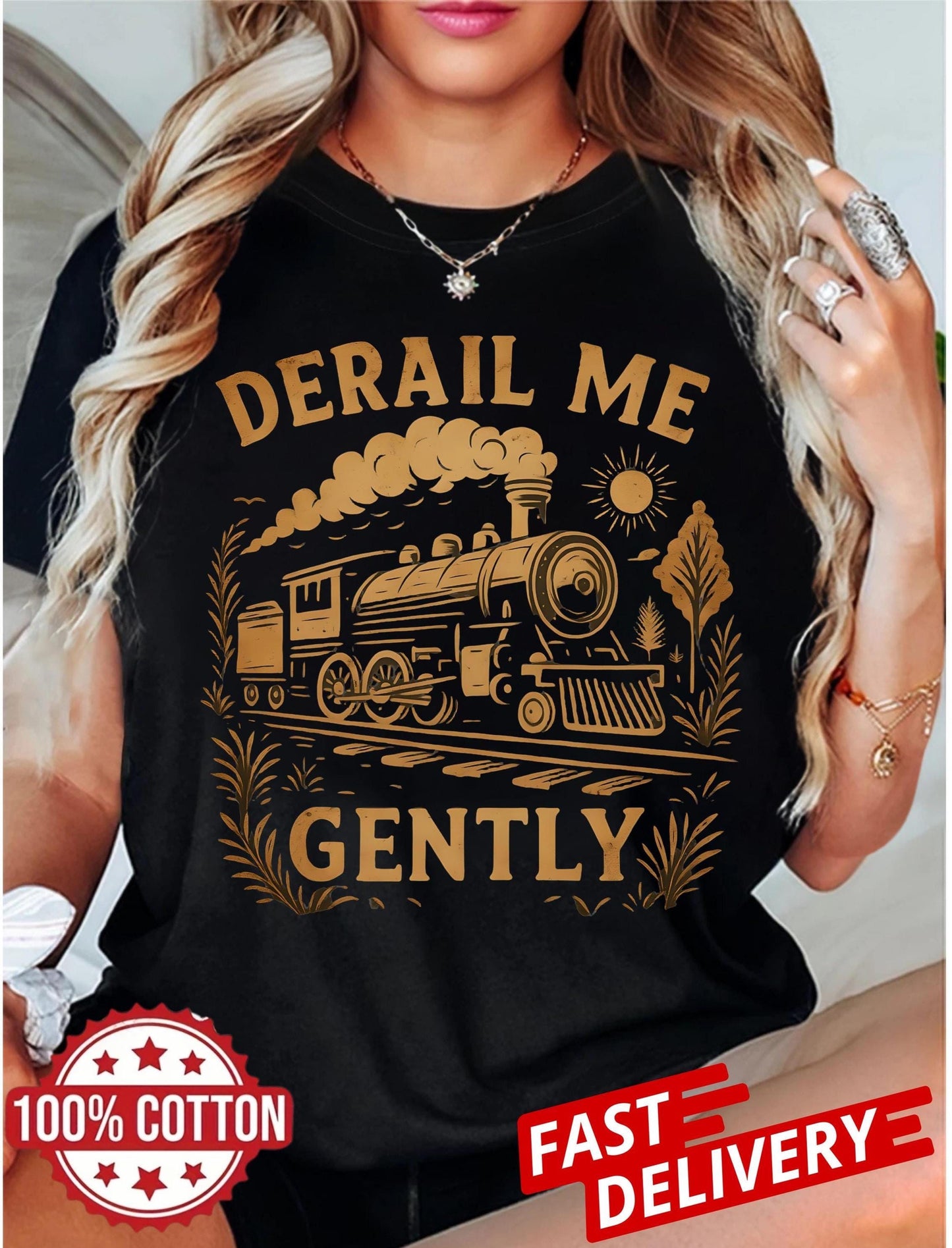 bold train t-shirt with derail me gently slogan, vintage locomotive art on unisex tee for quirky adults and alternative gift giving