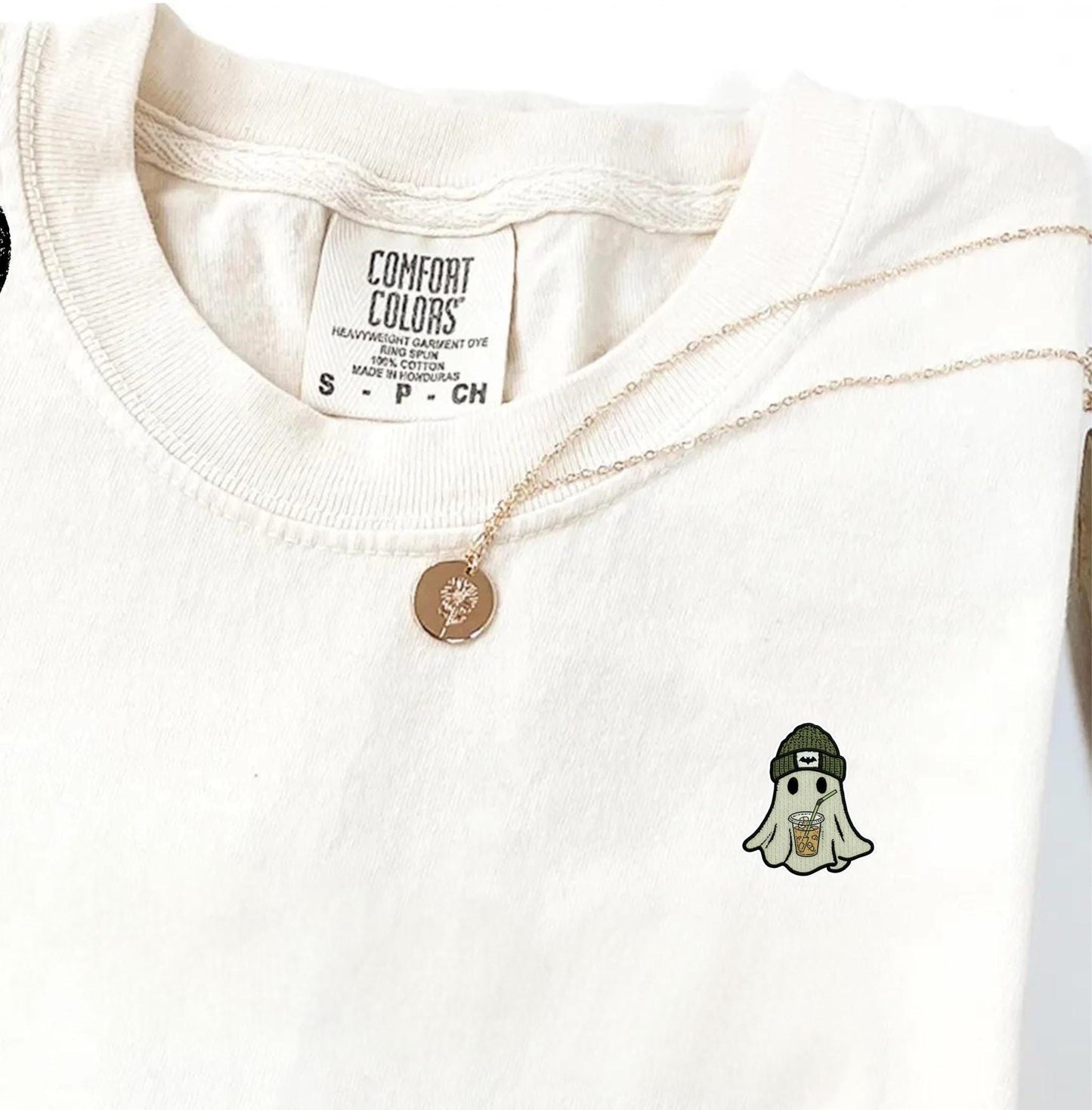 Comfort Colors® Embroidered Halloween Ghost Shirt, Spooky Season Tee, Minimal Pocket Ghost Top, Coffee Lover T Shirt, Cozy Fall Outfit