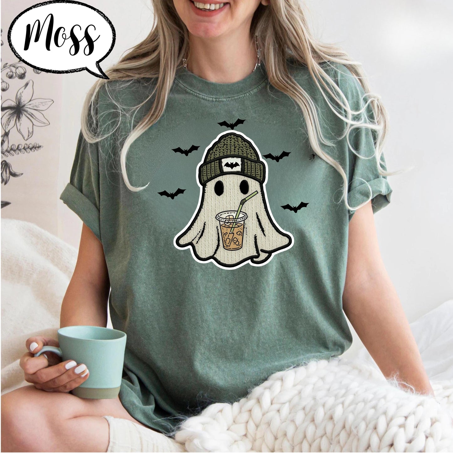 Comfort Colors® Halloween Ghost Shirt, Spooky Season Tee, Cute Ghost with Coffee Top, Cozy Fall Outfit, Retro Aesthetic Graphic Tee