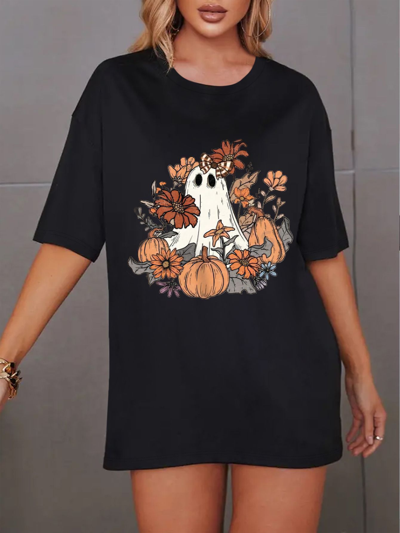 Women's Round Neck Halloween Pumpkin Print Short Sleeve
