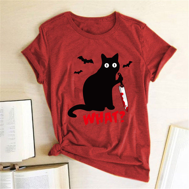 Halloween What Bloody Cat European And American Short-sleeved Female T-shirt