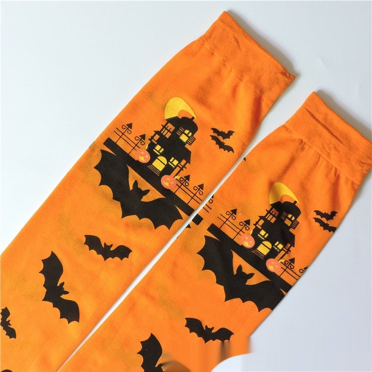 Halloween Printing Craft Spider Web Bat Skull Castle Pattern Over The Knee Stockings