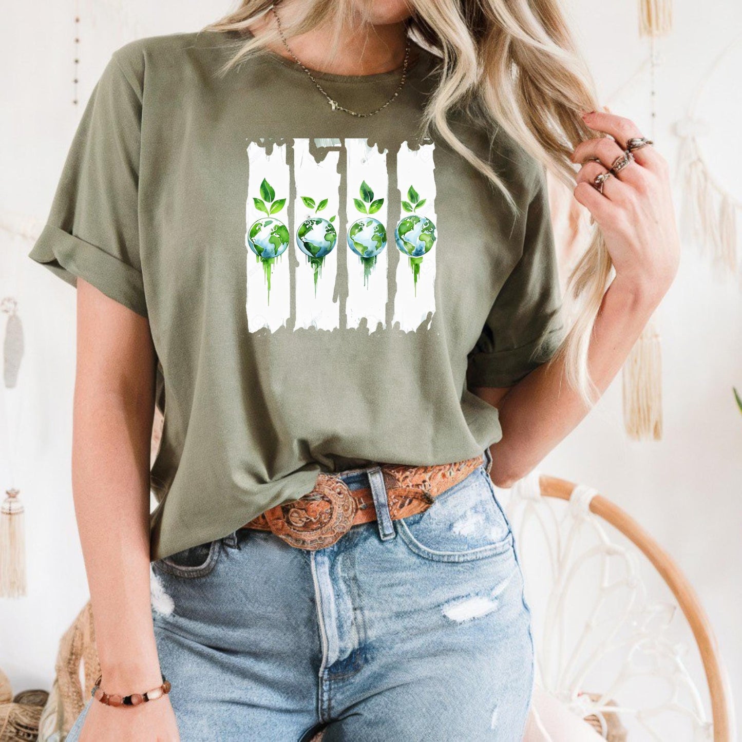 Eco-Friendly Earth & Green Leaves Graphic Tee: Sustainable Planet T-Shirt for Nature Lovers, Earth Day Gift, Eco-Conscious Apparel