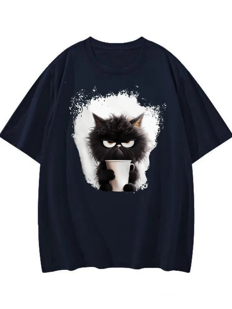 Women's T Shirt Tee Cat Daily Weekend Black Print Short Slee
