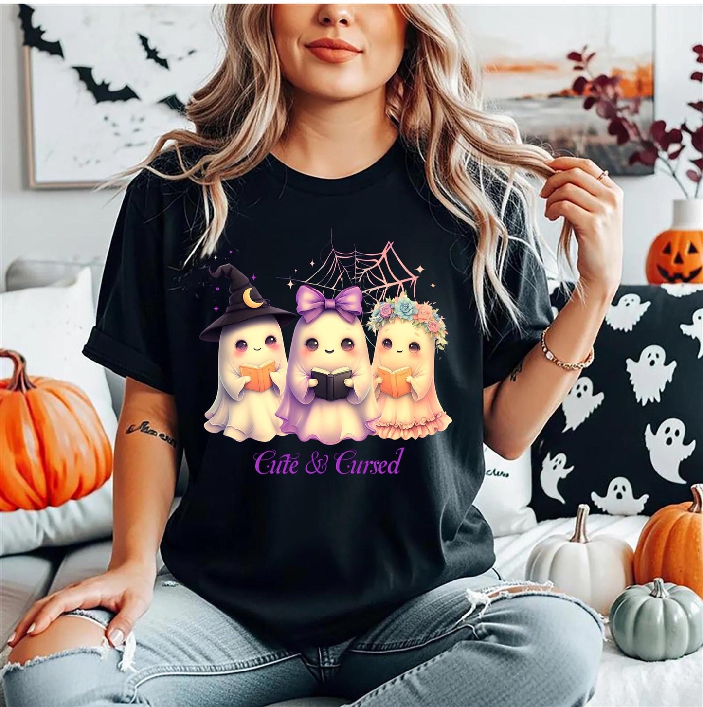 Cute & Cursed Ghost T-shirt - Spooky Cute Halloween Shirt for Magic Lovers - Unisex Kawaii Ghost Tee for Halloween Fun