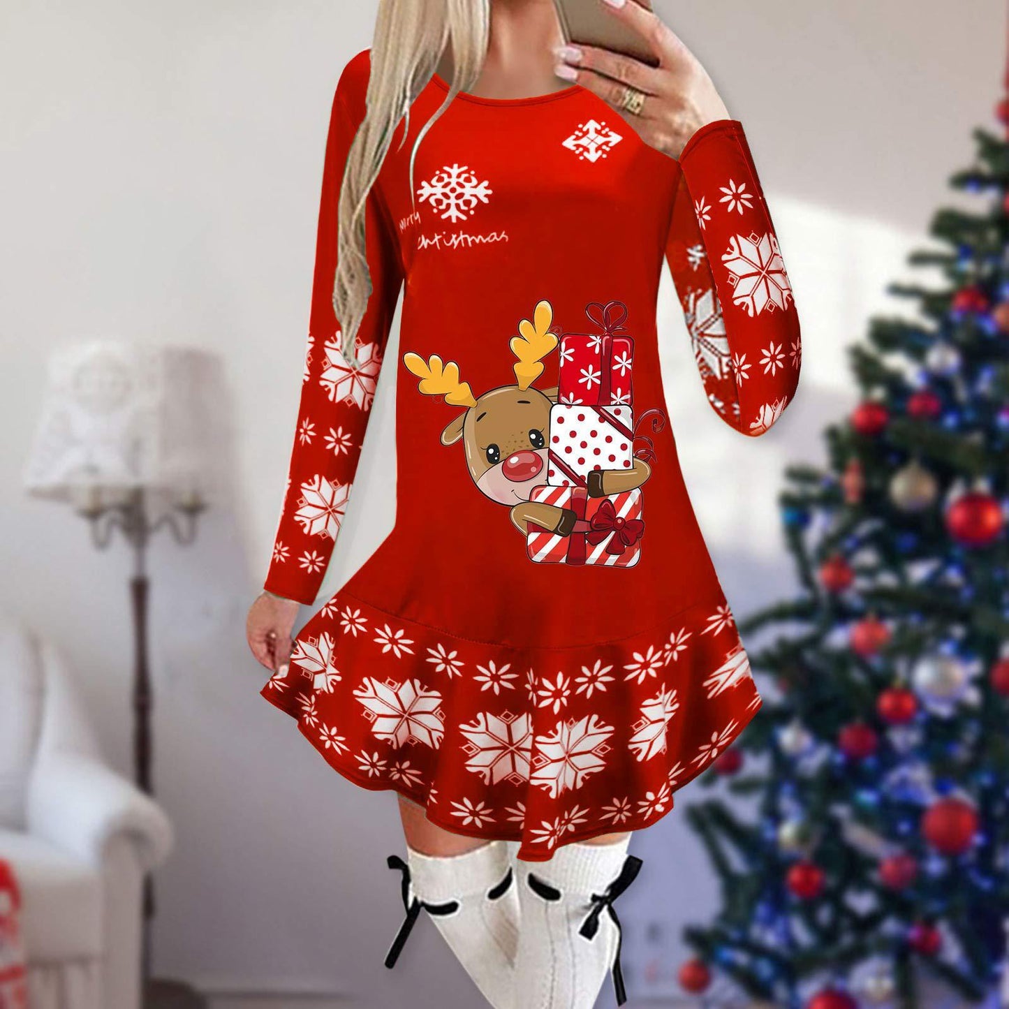 Christmas Snowflake Elk Printing Slimming Dress