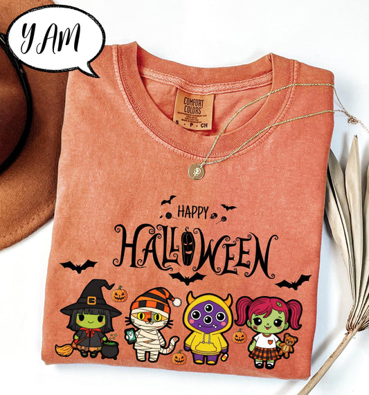 Comfort Colors® Happy Halloween Shirt, Spooky Season Tee, Cute Cartoon Witch and Mummy Top, Pumpkin Trick or Treat Graphic Shirt Unisex