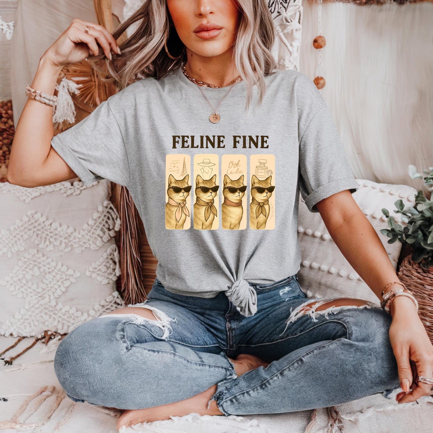 Feline Fine Unisex Heavy Cotton Tee, Cat Lover Gift, Funny Animal T-Shirt, Cute Pet Apparel, Birthday, Casual Wear, Hipster Pet Fashion Gift