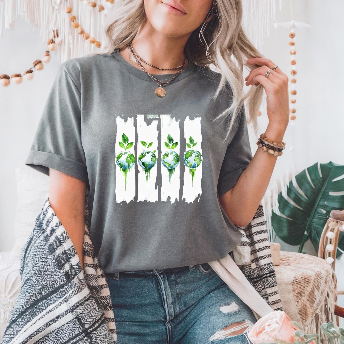 Eco-Friendly Earth & Green Leaves Graphic Tee: Sustainable Planet T-Shirt for Nature Lovers, Earth Day Gift, Eco-Conscious Apparel