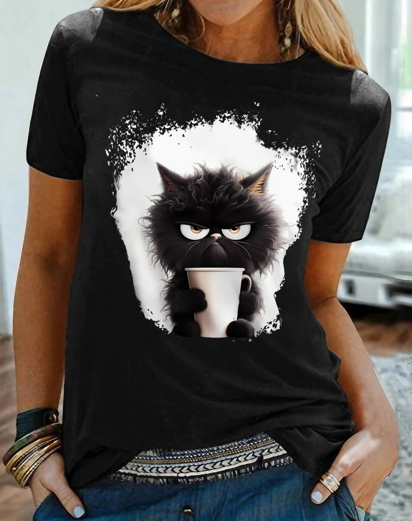 Women's T Shirt Tee Cat Daily Weekend Black Print Short Slee