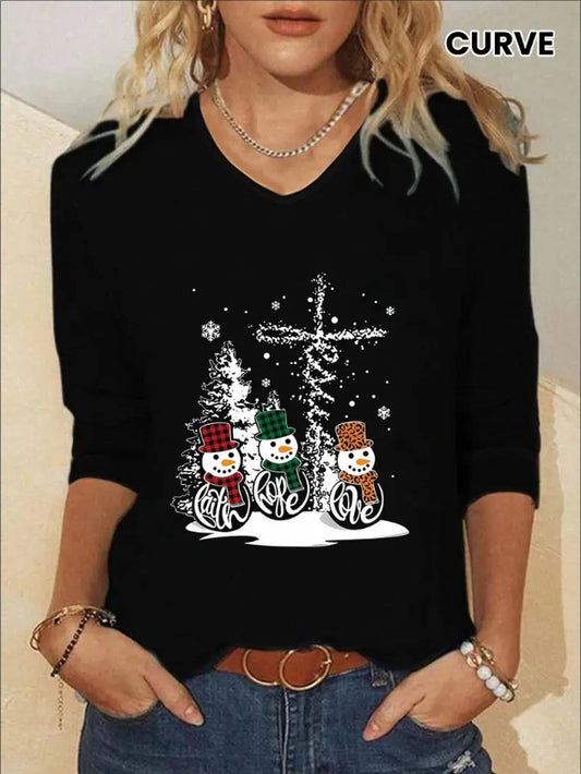 Plus Size Women's Cozy Snowman Print Christmas Casual T-Shirt - Soft Three Quarter Sleeve V Neck Tee  For Comfortable Fit - Festive Holiday Wear For Curvy Ladies