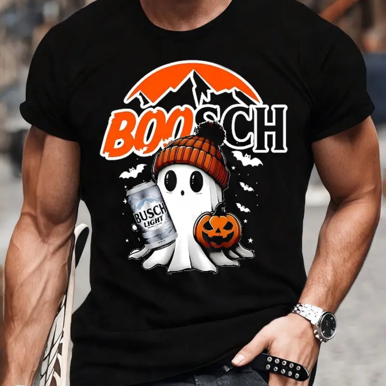 Halloween Boosch Printed Casual T-shirt, Men's Halloween Ghost Pumpkin T-shirt,