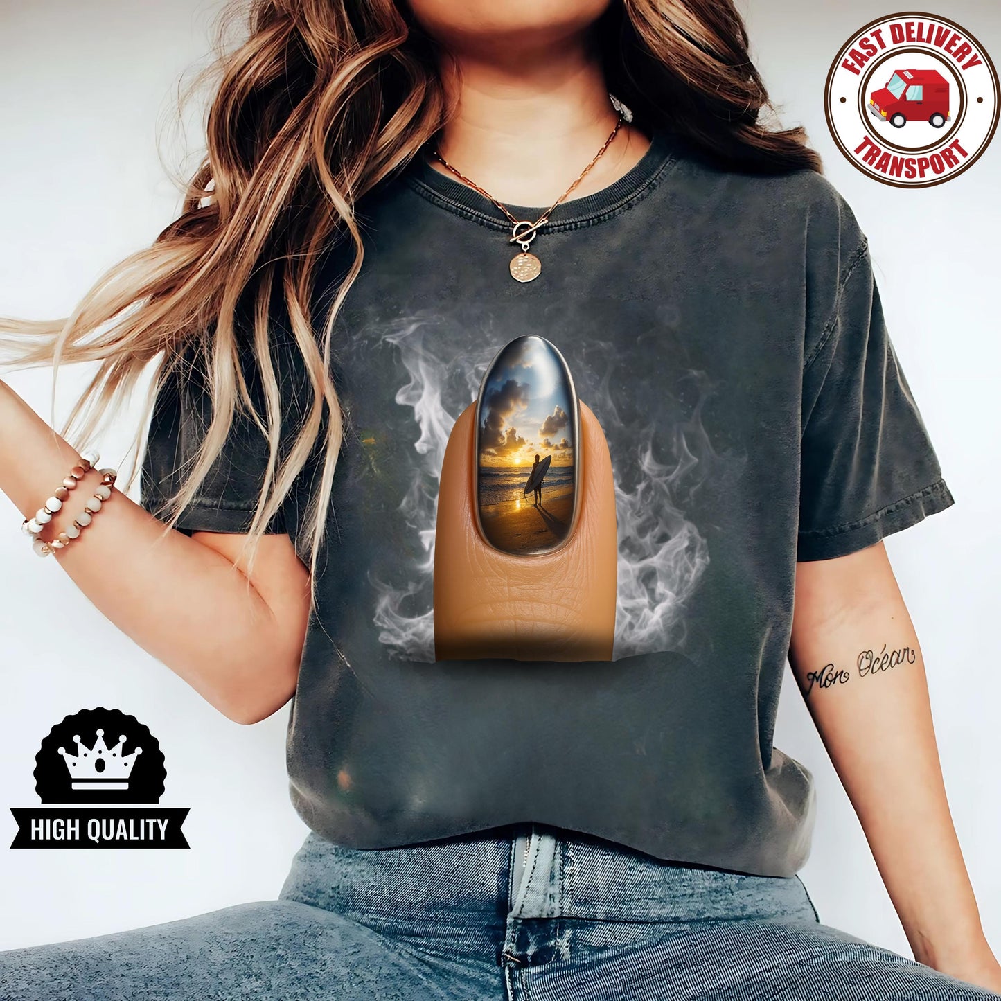 Sunset surfer tee with surreal nail art, beach lovers gift shirt, unisex graphic t-shirt for summer, artistic vibes