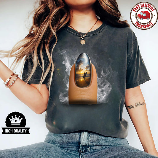 Sunset surfer tee with surreal nail art, beach lovers gift shirt, unisex graphic t-shirt for summer, artistic vibes