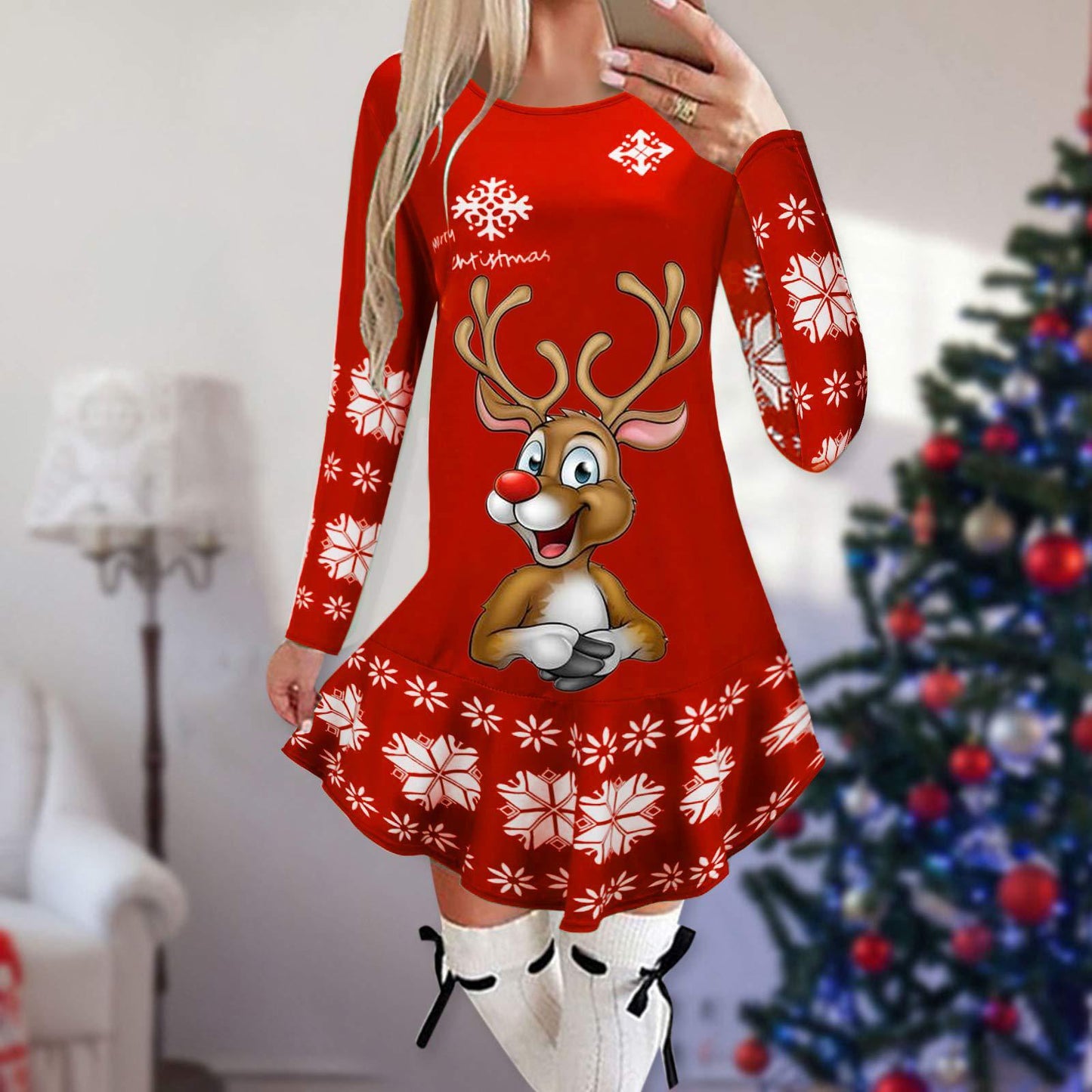 Christmas Snowflake Elk Printing Slimming Dress