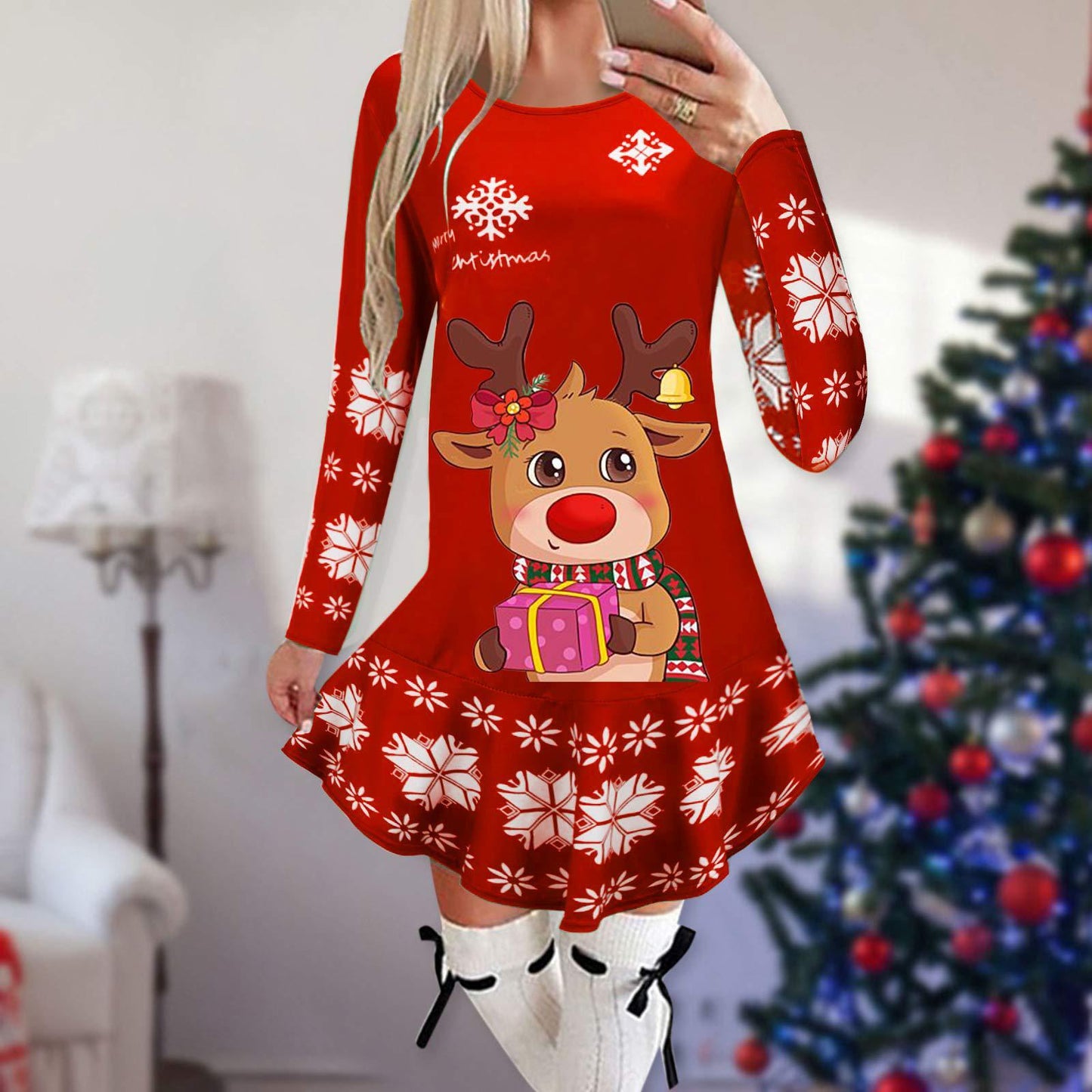 Christmas Snowflake Elk Printing Slimming Dress