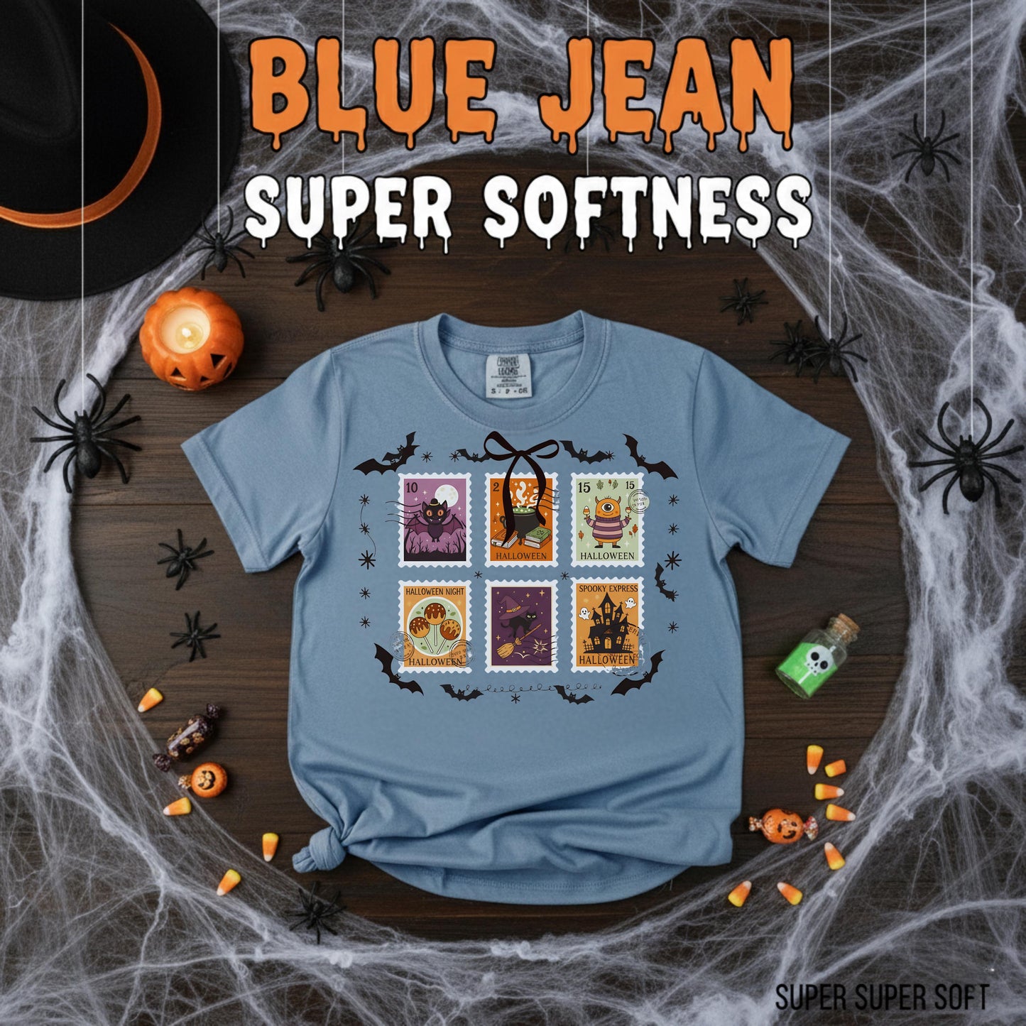 Comfort Colors Halloween T Shirt Pumpkin Orange Graphic Tee Spooky Stamps Bat Zombie Witch Haunted House Ghost Cat Potion Skeleton Gift