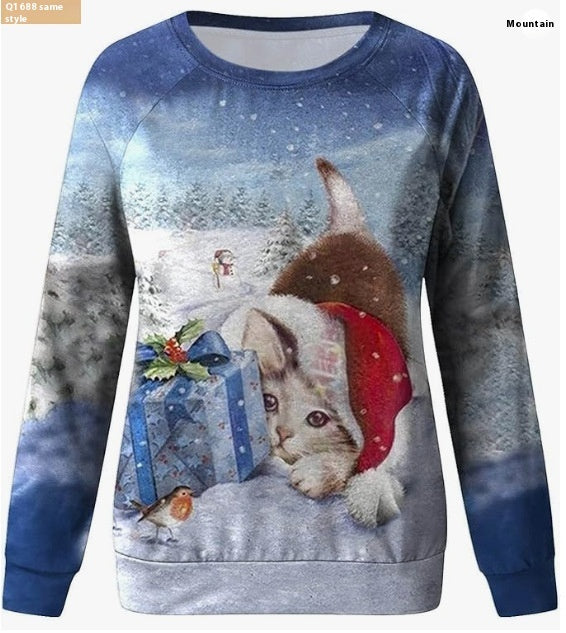 Christmas European And American Women Printed Crew Neck Sweatshirt