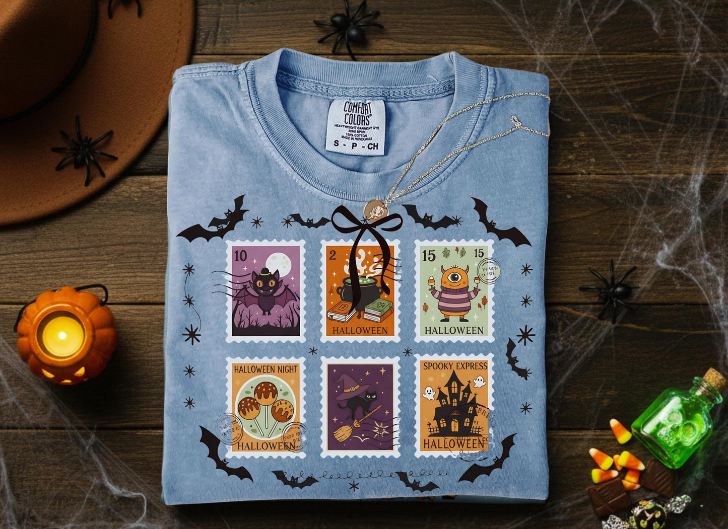 Halloween Stamps T Shirt Comfort Colors Pumpkin Orange Graphic Tee Bat Zombie Witch Haunted House Ghost Cat Potion Skeleton Unisex Gift