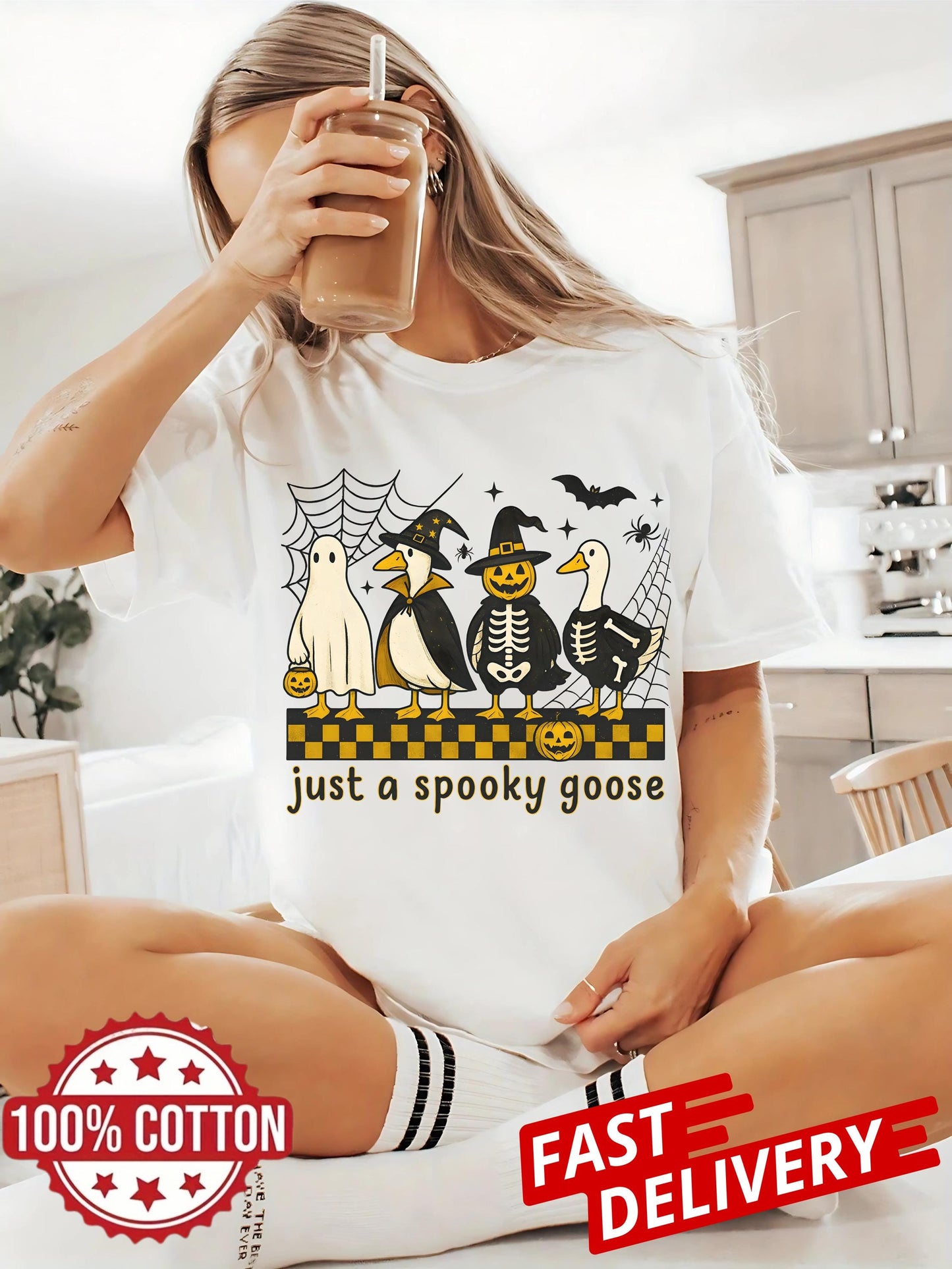Cute Horror Shirt, Funny Goose Skeleton Witch Pumpkin Ghost, Just a Spooky Goose Shirt, Spooky Goose Halloween Tee, Fall Sublimation