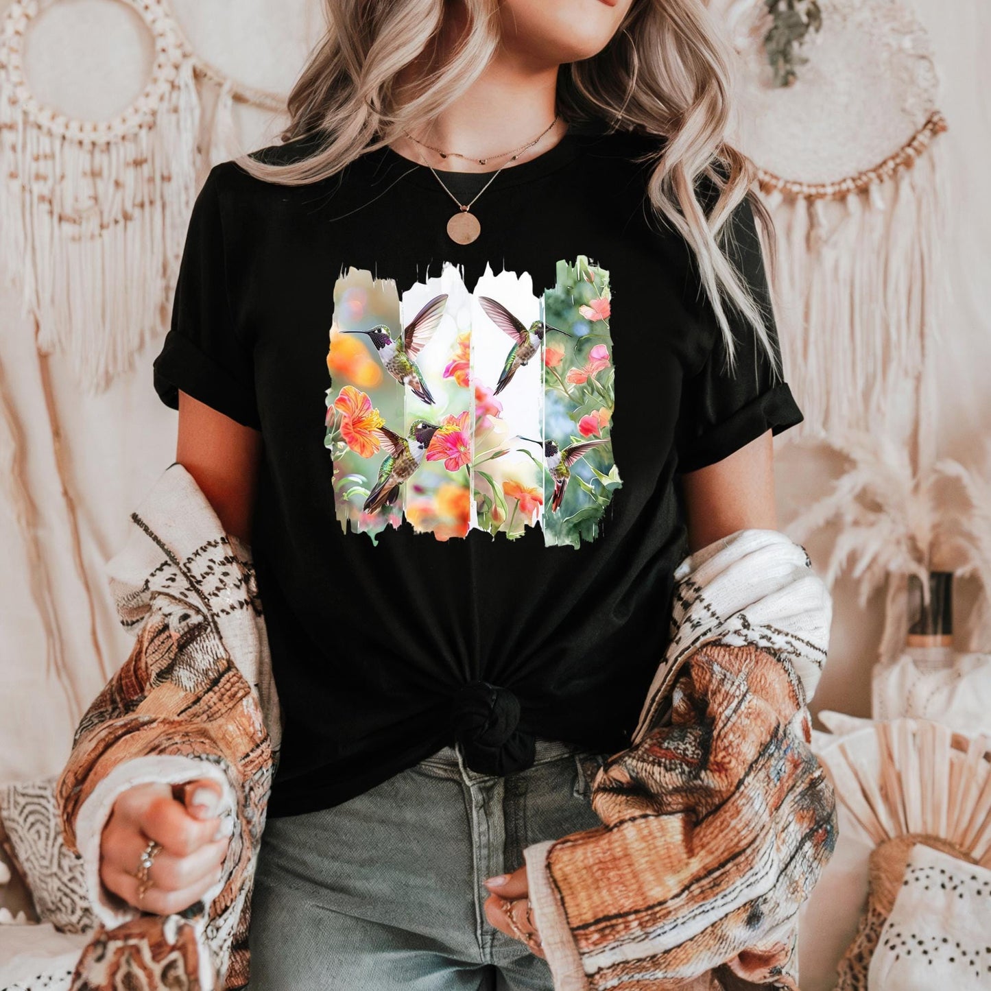 Floral Hummingbird T-Shirt, Nature Lover Tee, Gift for Gardeners, Spring Apparel, Eco-Friendly Style, Vibrant Bird Art T-Shirt