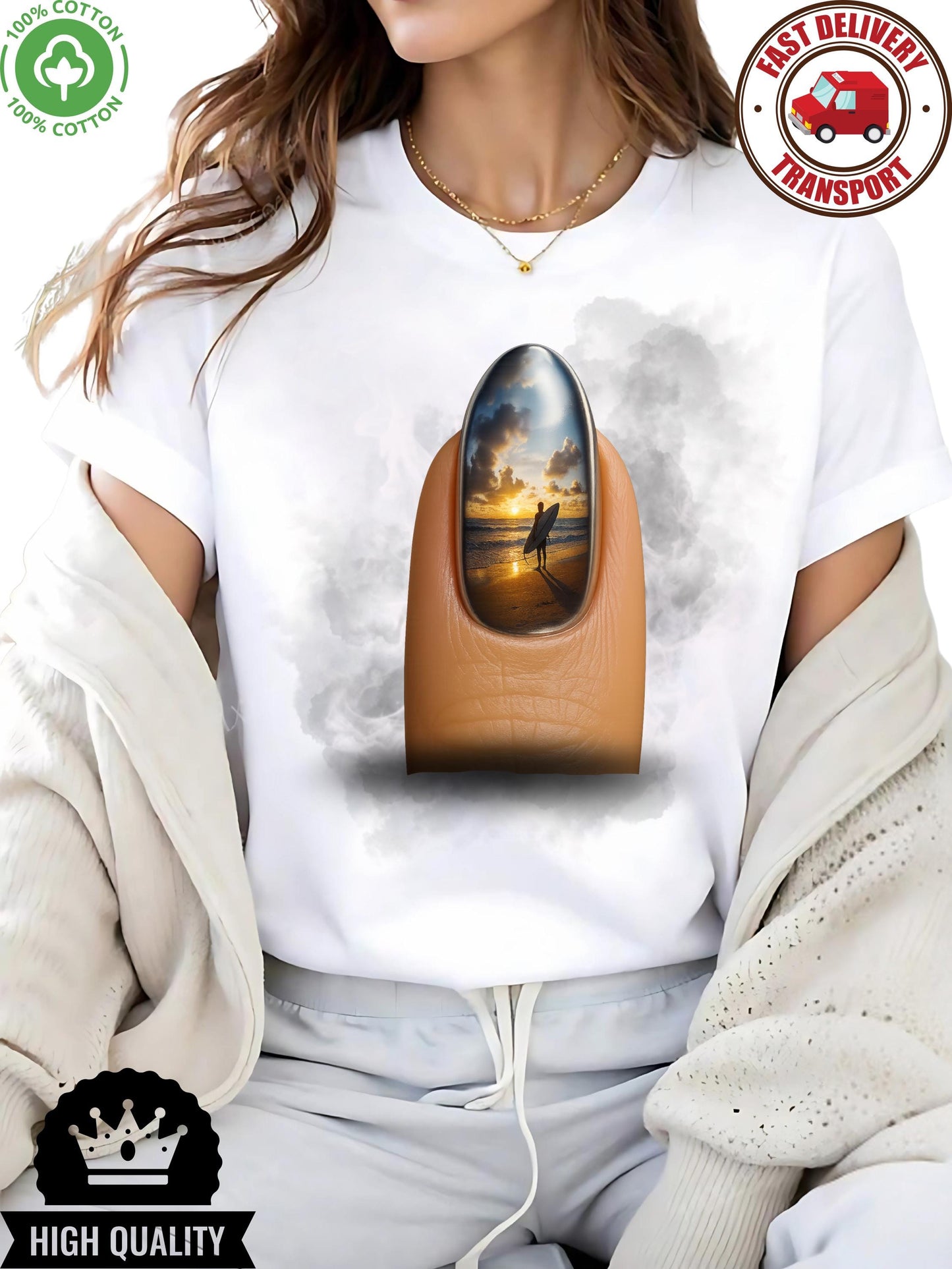 Unisex summer shirt for surf lovers, surreal sunset nail art tee, beach art graphic t-shirt for creatives gift idea