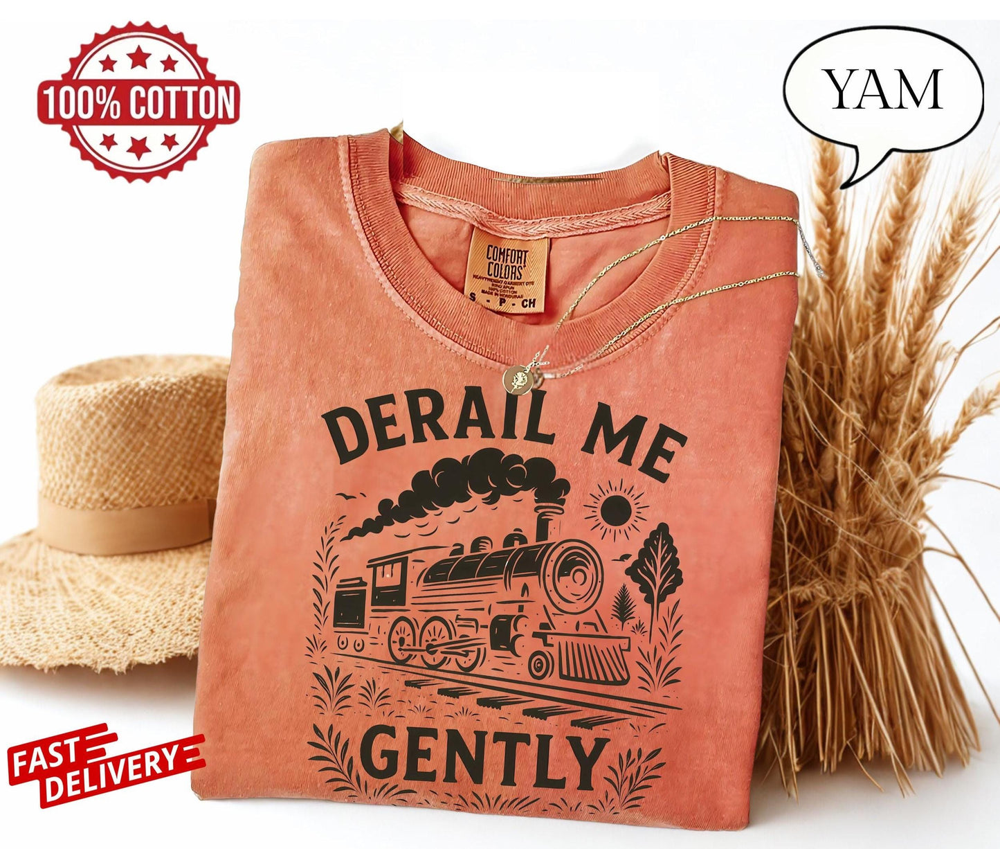 bold train t-shirt with derail me gently slogan, vintage locomotive art on unisex tee for quirky adults and alternative gift giving