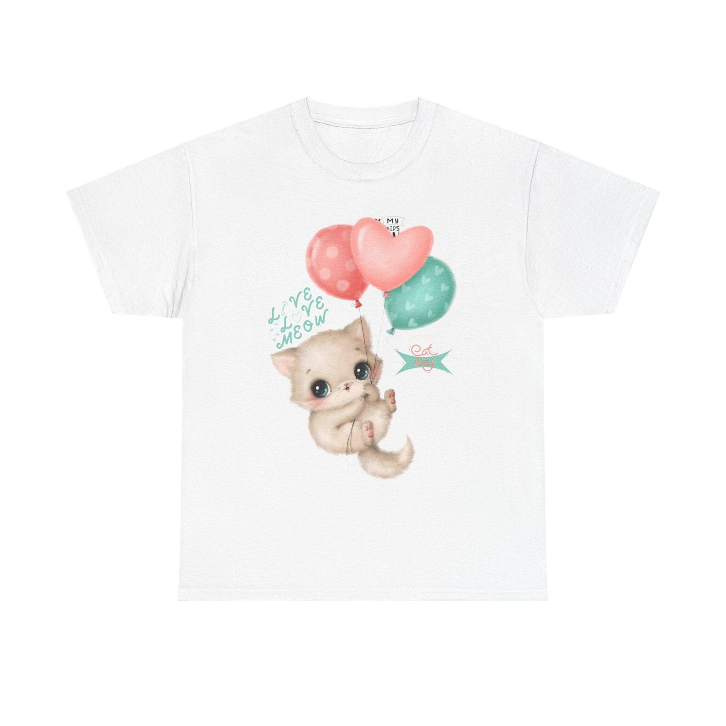 Adorable Cat Lover Tee Cute Kitten with Balloons Design T-shirt, Perfect for Cat Enthusiasts, Birthday, Gifts, Animal Lovers, Everyday Wear