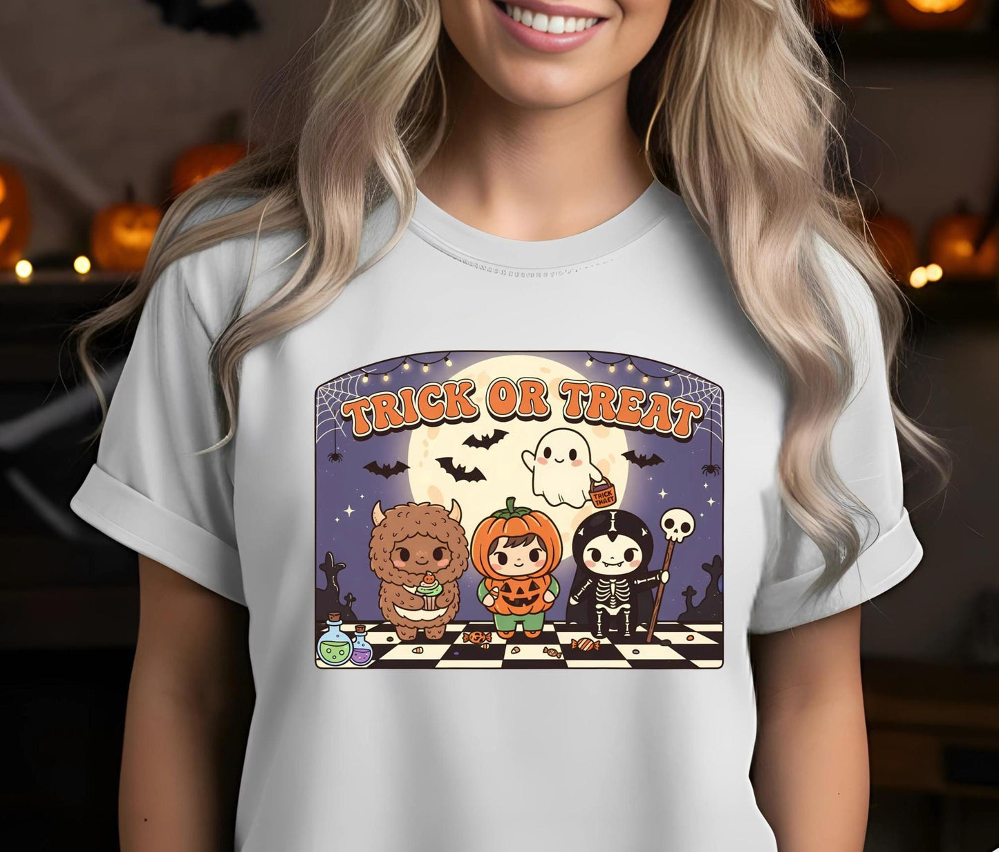 Labubu Bunny Trick Or Treat T Shirt Cute Kawaii Halloween Graphic Tee Pumpkin Ghost Skeleton Monster Unisex Funny Spooky Shirt Gift