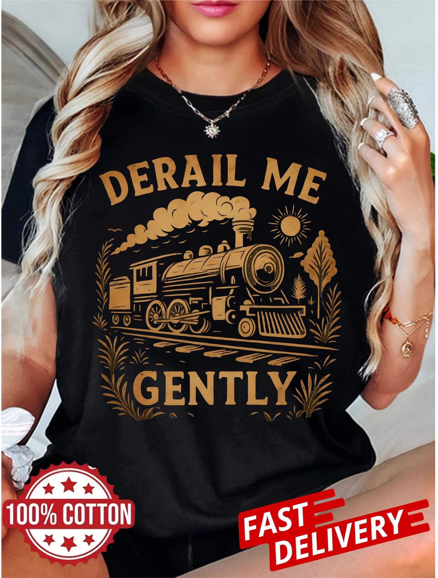 derail me gently tee with bold vintage train illustration, adult unisex t-shirt with locomotive art and sarcastic alternative style