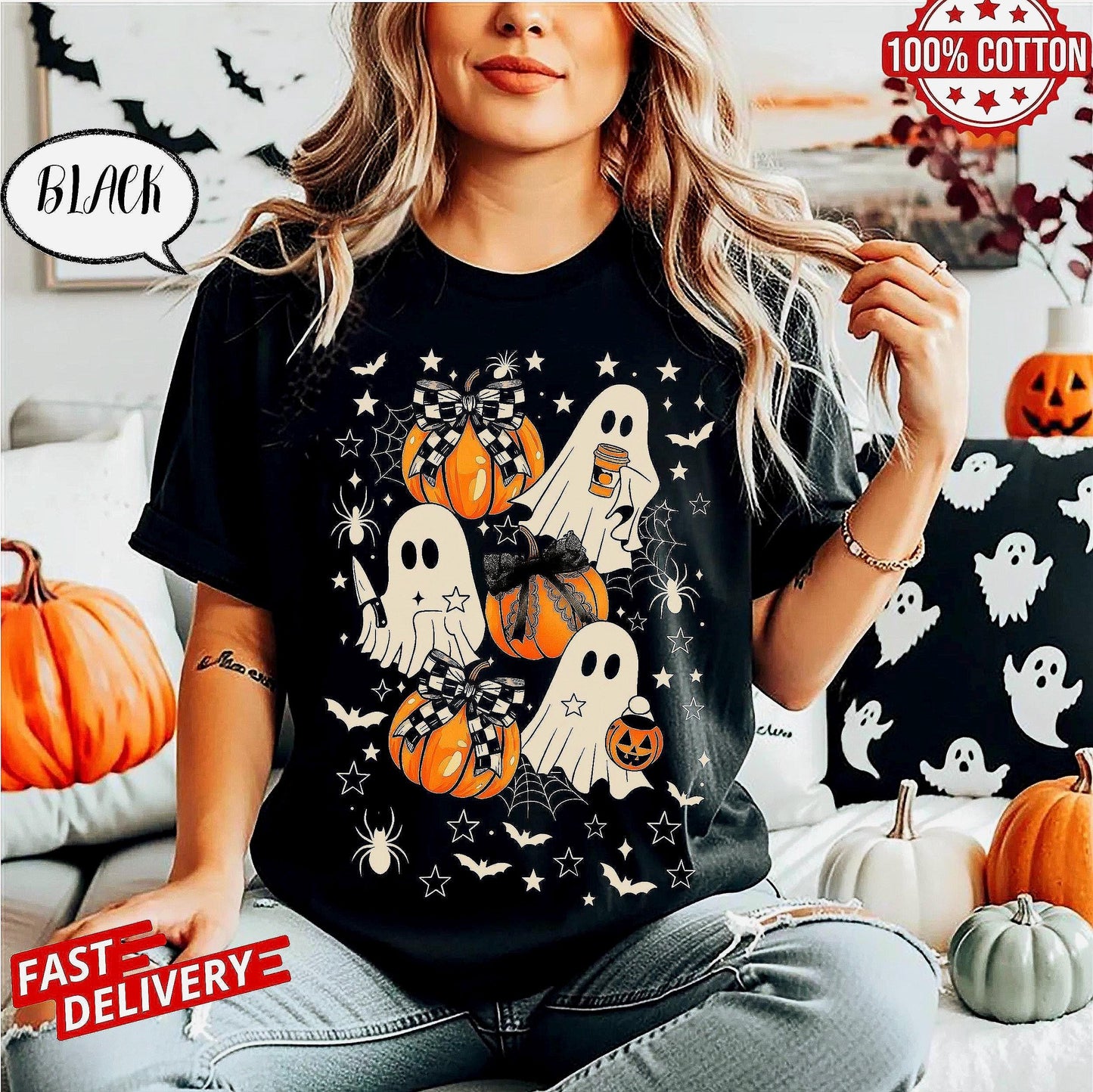 Halloween Pumpkin T-shirt,Ghost Pumpkin tee,Coquette HallowBoween shirt,Halloween,Pumpkin Bow schirt,Halloween shirt,Pumpkin Bow tee